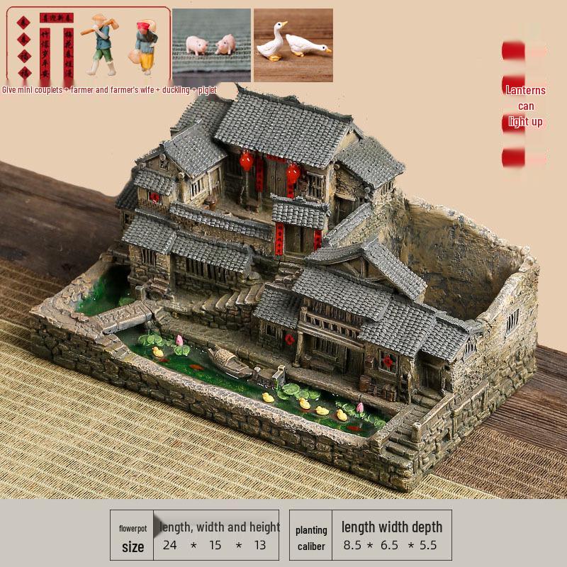 Retro Farmhouse Courtyard Miniature: Nostalgic Desktop Bonsai Decor for Living Room
