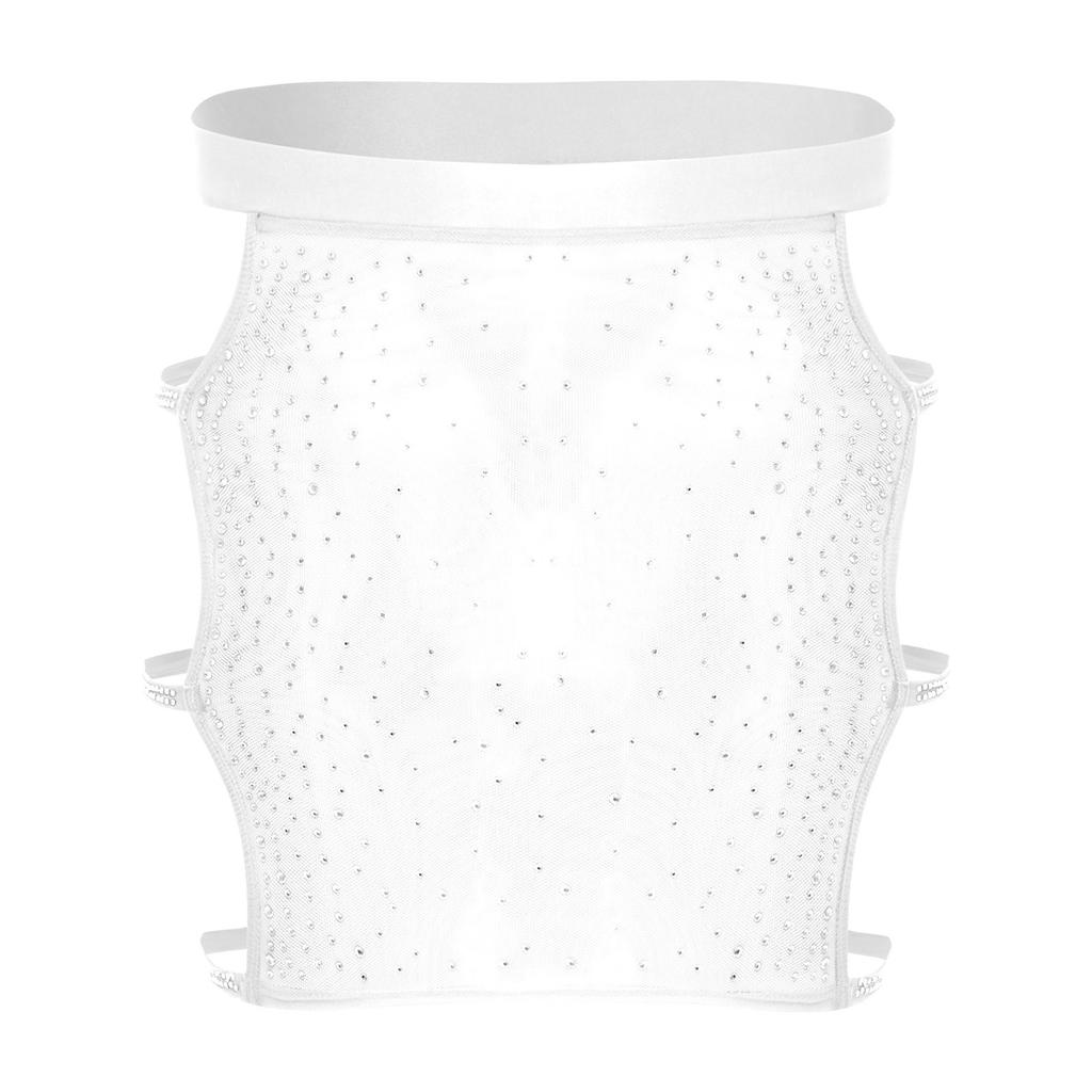 Womens Sparkly Rhinestone Mesh Miniskirt Elastic Waist Side Cutouts Bodycon Design See Through Club Skirt