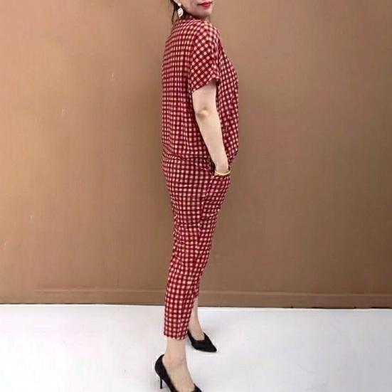 Women's Plaid 2 Piece Outfits Sleeve Top And Button Short Cropped Skinny Pants Matching Set Summer
