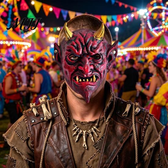Scary Costume Mask Halloween Red Devil Cosplay Mask, Creepy Golden Horned Demon Latex Adults Horror Masquerade Party Full Face for Men Breathable