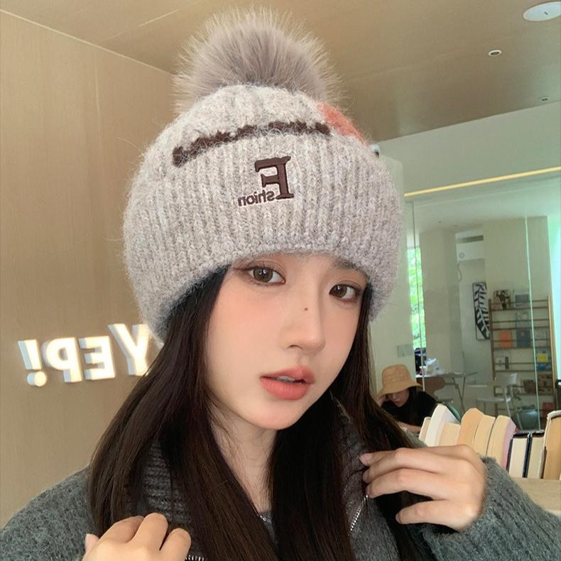 Women's Color Matching Knitted Wool Hat, Cute Hairball Thermal Hat, Autumn and Winter Cold-proof Ear Hat