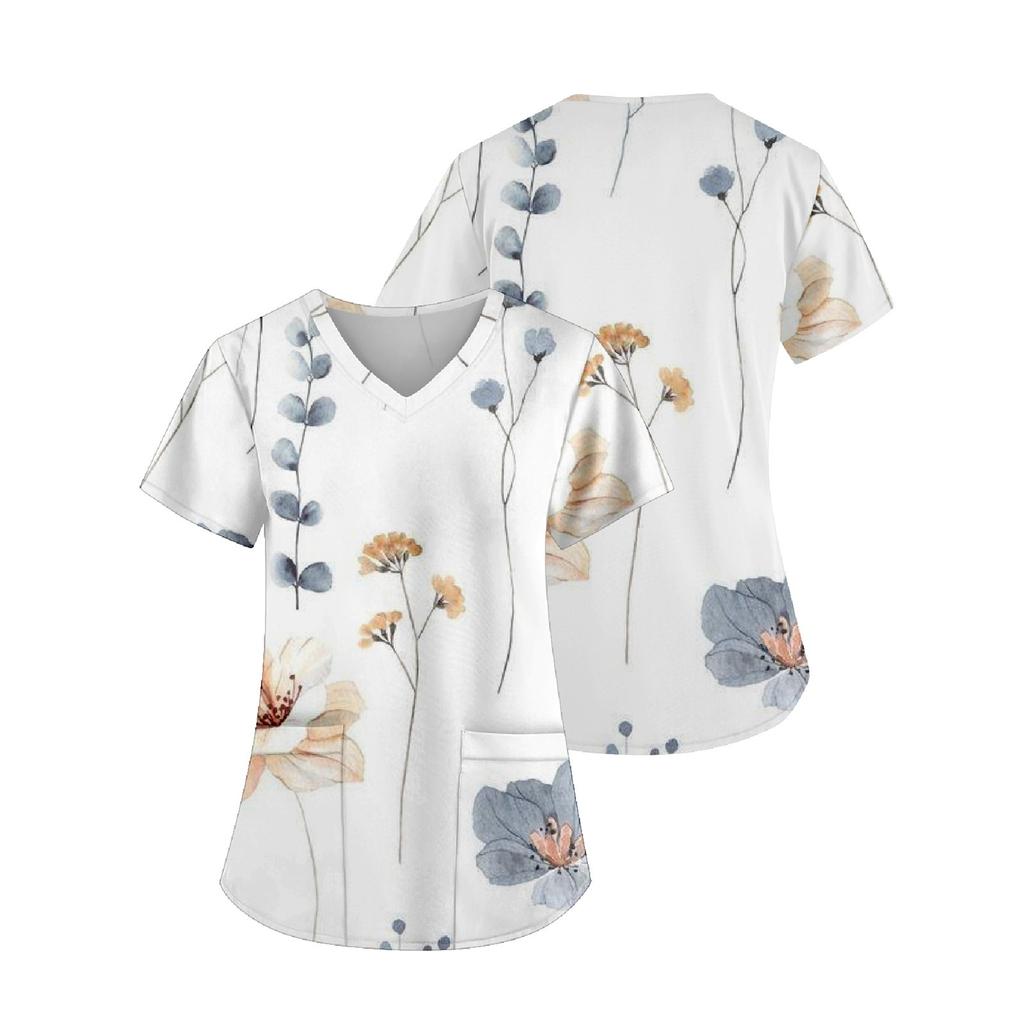 Women's Fashion Printed Work Uniform With Pocket T-Shirt Short Sleeve Top