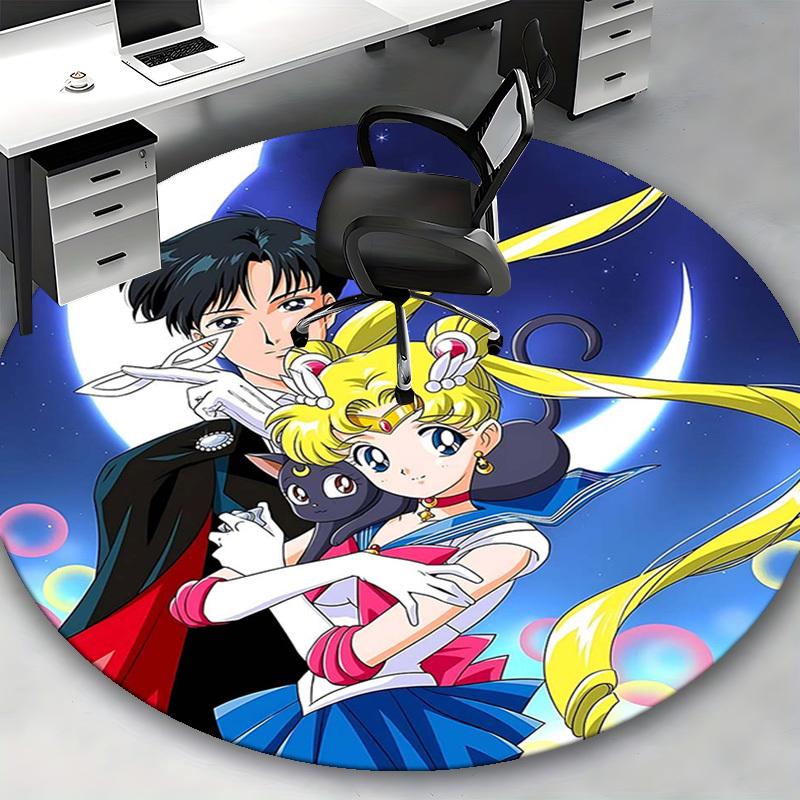 1pc Sailor Moon Anime Cartoon Design Round Carpet  Office Chair Mat, NonSlip Rug for Home Decor, Living Room, Bedroom, Game Room