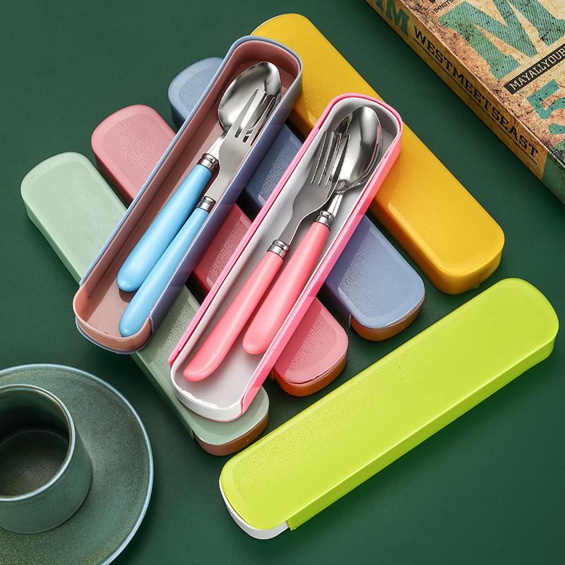 2Pcs/Set Portable Spoon Fork Combination Travel Tableware Set Stainless Steel Dinnerware With Box For Kid School Cutlery