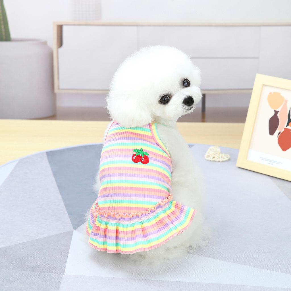 Dog Clothes Summer Thin Small Dog Teddy Princess Dress Suspender Bichon Frize Cat Color Strip Embroidered Cherry