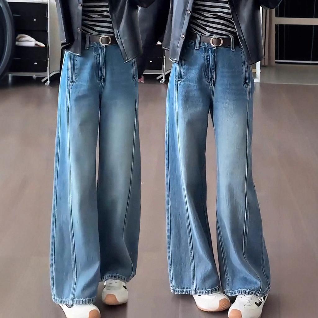 Women's High Waist Wide Leg Jeans Vintage Blue Solid Color Loose Bootcut Denim Trousers Lazy Commuter Long Pants