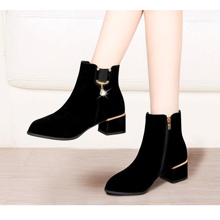 Fashion Women's Autumn and Winter Boots Rhinestone Single Boots Thick Heel Mid-heel Short Boots Frosted Winter Plus Velvet