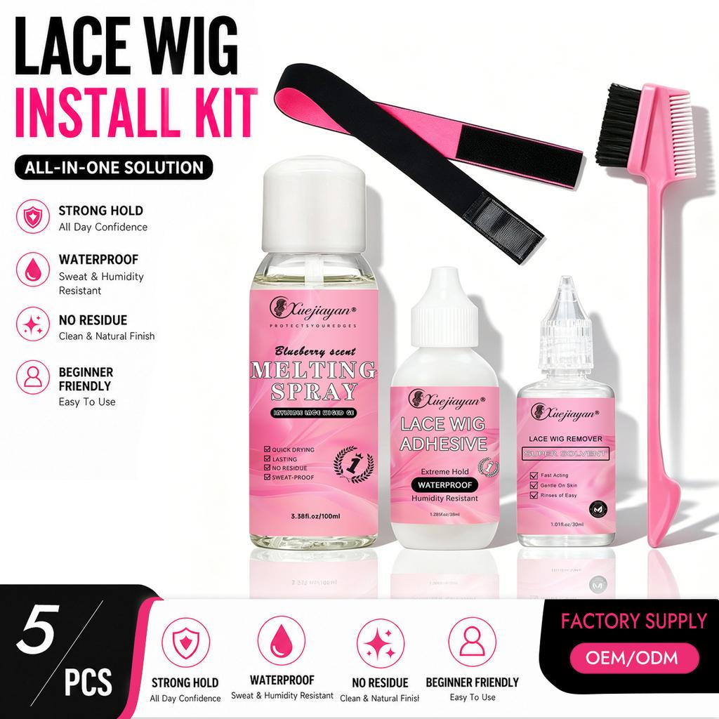Lace Wig Installation Kit Waterproof No Residue Wig Glue Full Set Tools Quick Adhesion Long-Lasting Hold Black