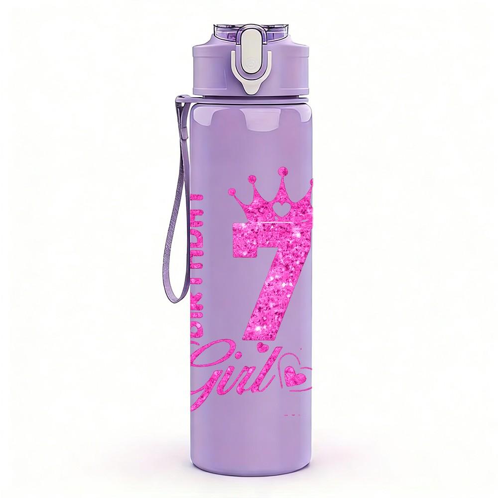 1PC 7 Birthday Girl Pink Crown Print 750ml Color Plastic Sports Water Bottle Leakproof Flip Straw Lid Suitable for Sports Office Home Use