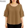 ZANZEA Women Casual Round Neck Loose 3/4 Sleeve Plain Blouse