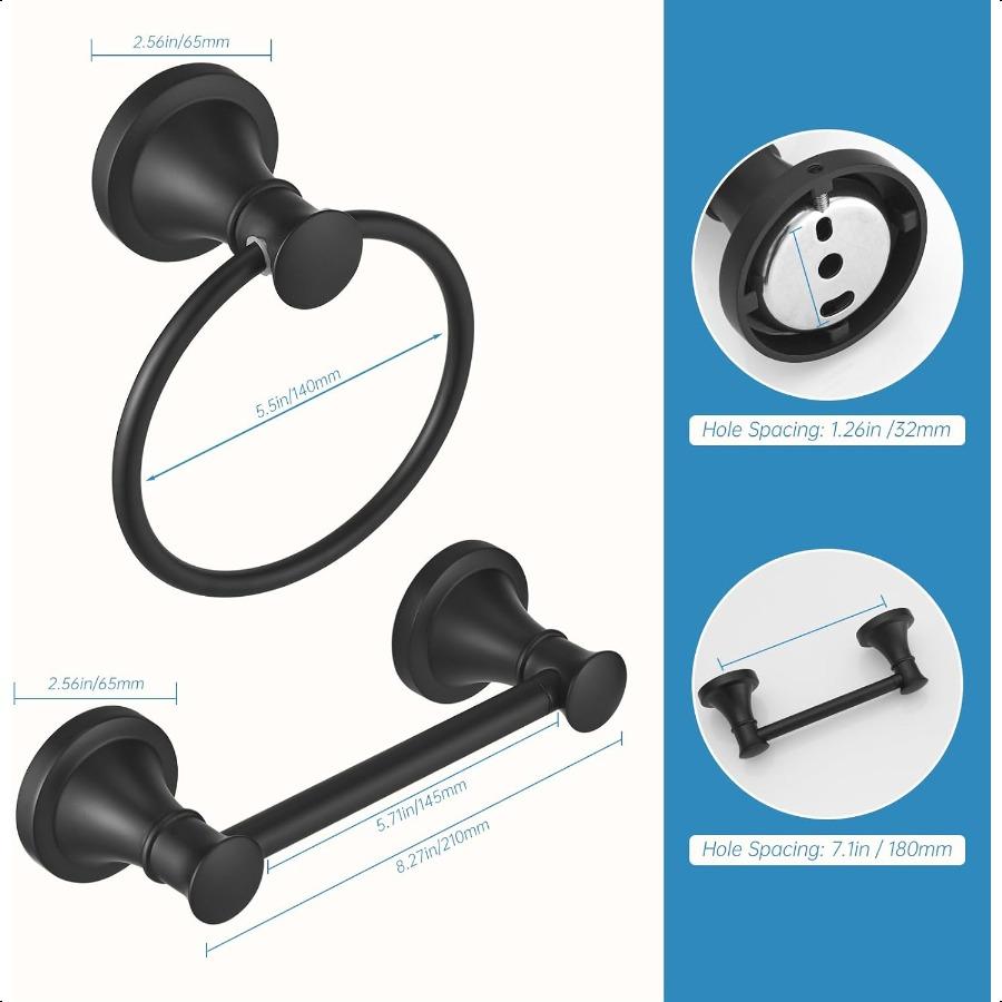 RUMOSE Toilet Paper Holder and Hand Towel Ring Matte Black Wall Mount Bathroom Hardware Accories 2 PCS Set Flexible Pivoting To