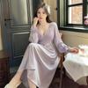 1011 Summer New Ice Silk Women's Nightdress V-neck Long-sleeved Long Dress Sexy Pure Desire Style Loungewear Can Be Worn Outside