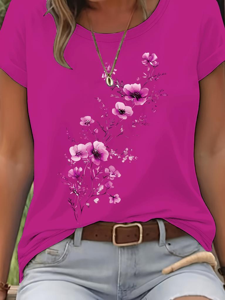 Plus Size Purple Floral Branch Womens Tee Delicate Watercolor Flower Graphic Casual Light Purple Top