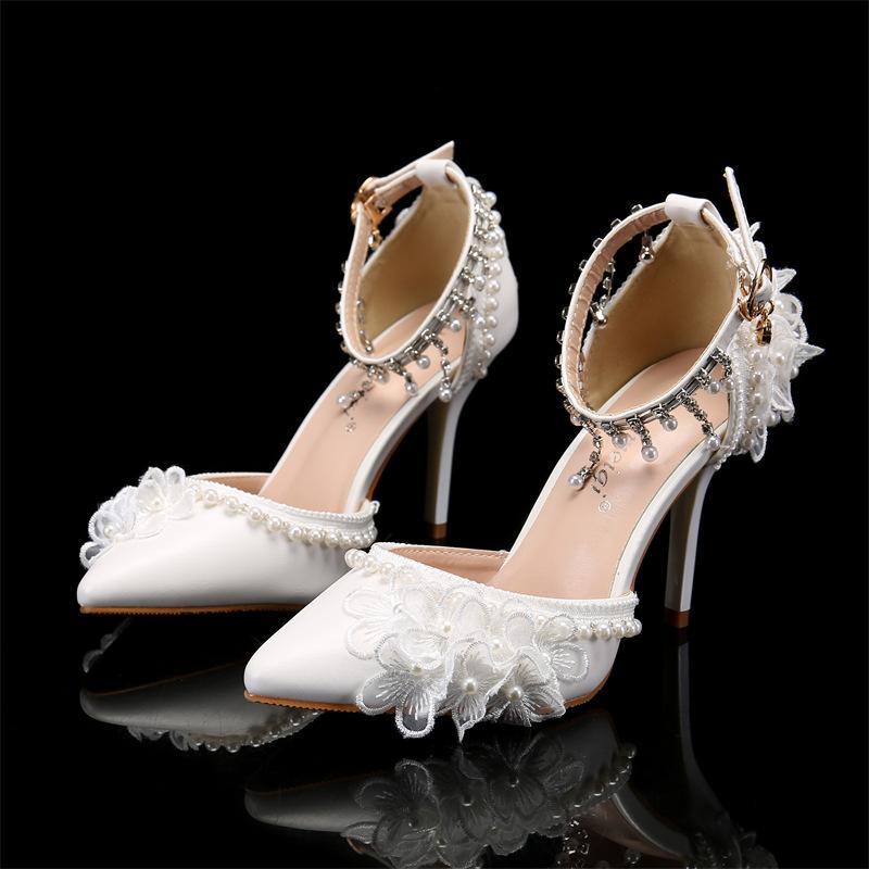 Fashion White Flower High Heel Pointed Sandals Women's Single Shoes Wedding Shoes Bride Designer Elegant Zapatos De Mujer High Heels 43