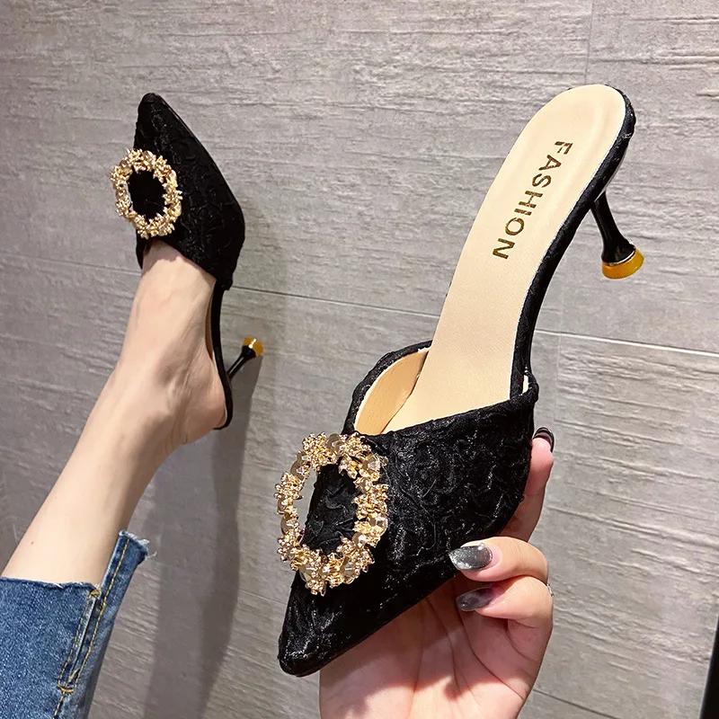 Fashion Classic summer women's slippers 2024 new hot selling French rhinestone high heels slim heels with toe caps casual cool slippers
