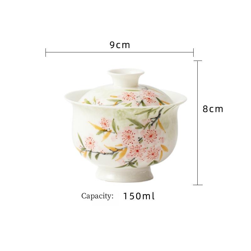 Jade Mud White Porcelain Hand-Painted Beautiful Flowers Gai Wan Tea Bowl Tea Maker Lady Tea Set Tea Ceremony Kung Fu Tea Set
