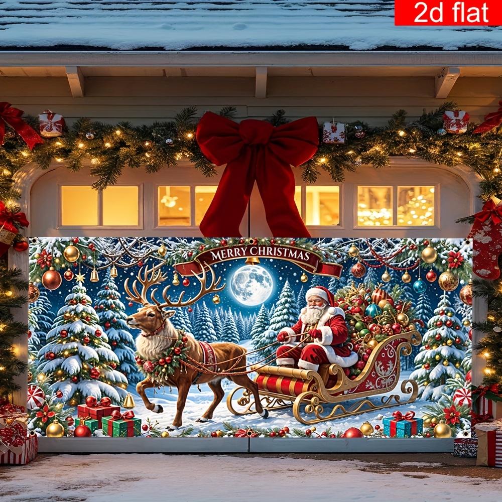 2D Flat Banner, Christmas Theme Garage Door Large Mural Decoration Banner, Moon Santa Claus Reindeer Colored Glass Ball Pattern