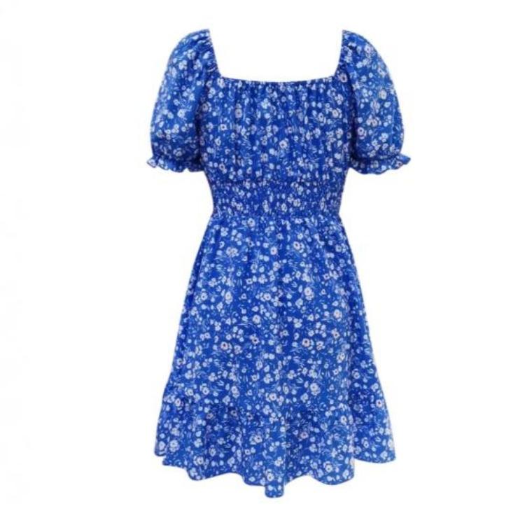 Square Neck Boho Floral Summer Dress Women Short Sleeve Smocked Swing A Line Flowy Ruffle Beach Sundress