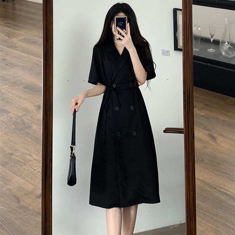 Damen einfarbiges schlankmachendes Sommerkleid mit Anzugkragen: Reifer koreanischer Stil