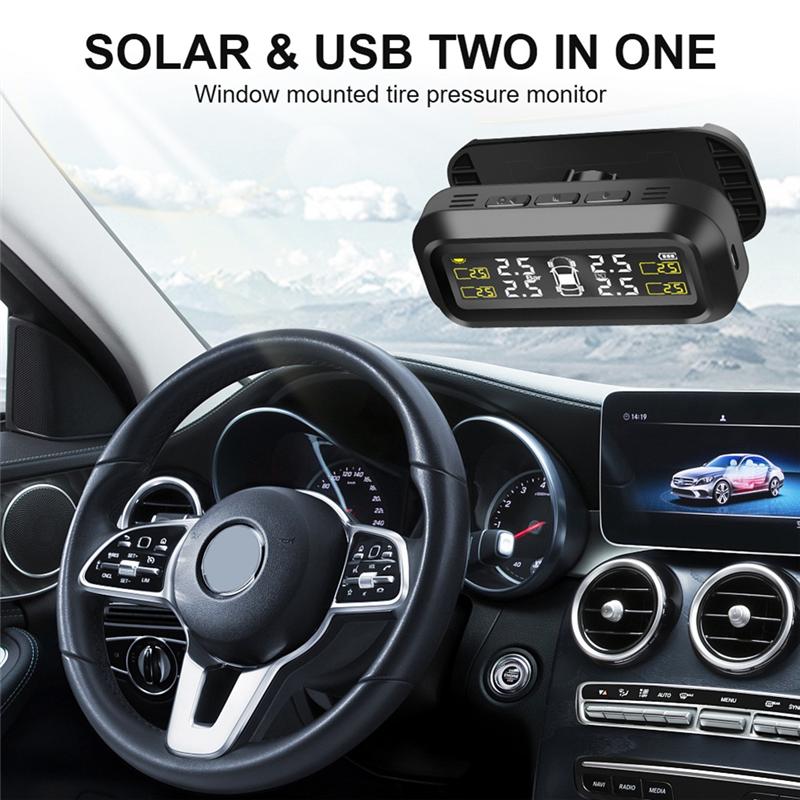 Car Tyre Pressure Monitoring Tire Pressure Monitor System Solar TPMS Temperature Warning Fuel Save 4 External Sensors