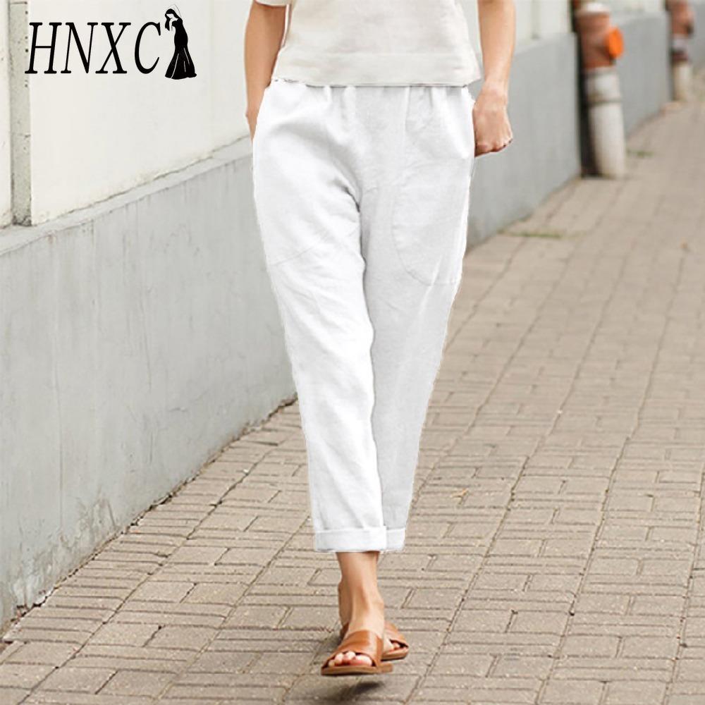 HNXC Dámské letní jednobarevné kalhoty s dvojitou kapsou volné dlouhé kalhoty dámské bavlněné lněné kalhoty