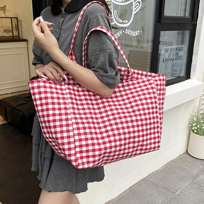 Large Capacity Plaid Women's Canvas Shoulder Bags Simple Commuter Female Shopping Bag College Girls Book Tote Travel Handbags