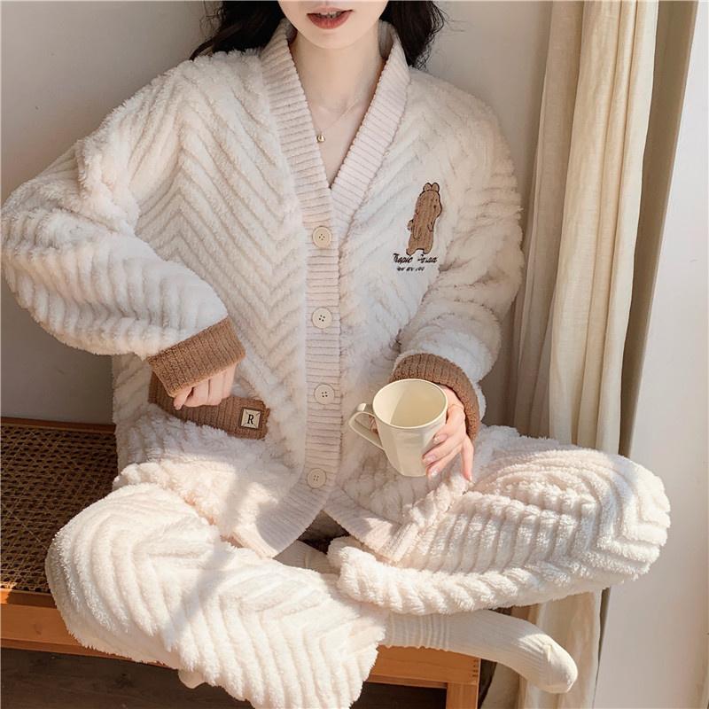 Winter Women Warm Fashion Pajama Sets Sweet   Elegant French Style Girlish Leisure Thicken Flannel Comfort Pajamas