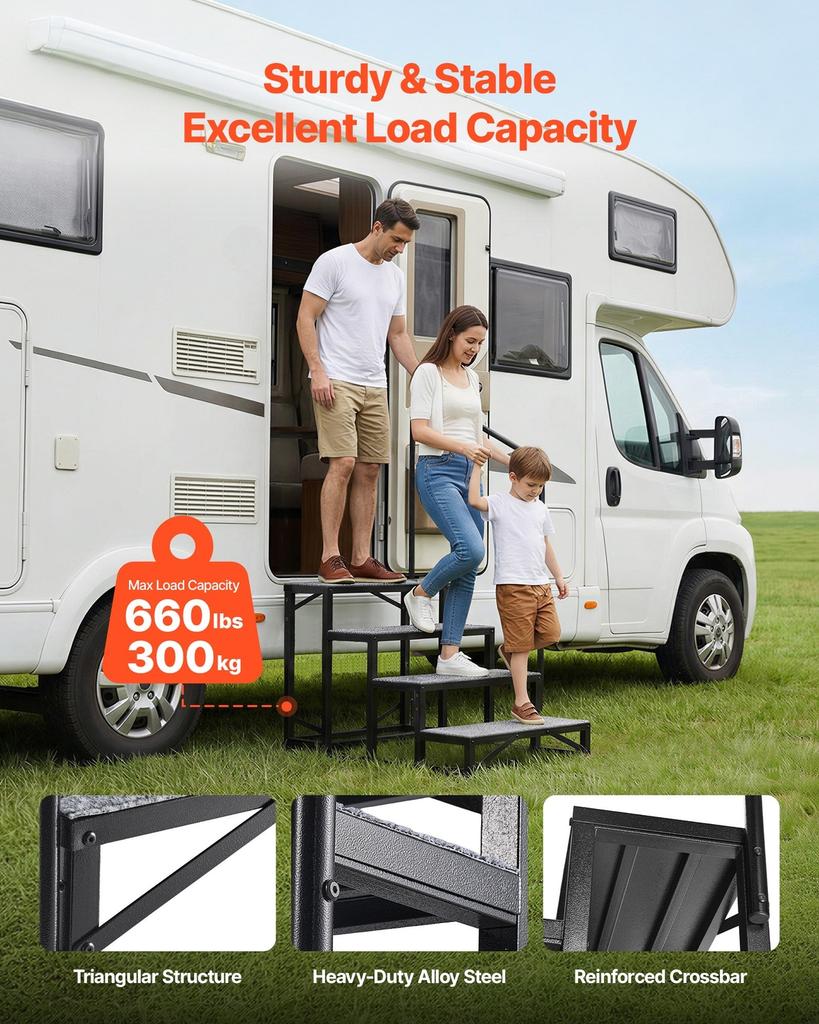 Marches pour camping-car avec main courante, 4 marches, capacité de charge de 300 kg, Marches robustes d'extérieur pour camping-car avec tapis antidérapant pour personnes âgées et animaux de compagnie, Marches portables pour chaud