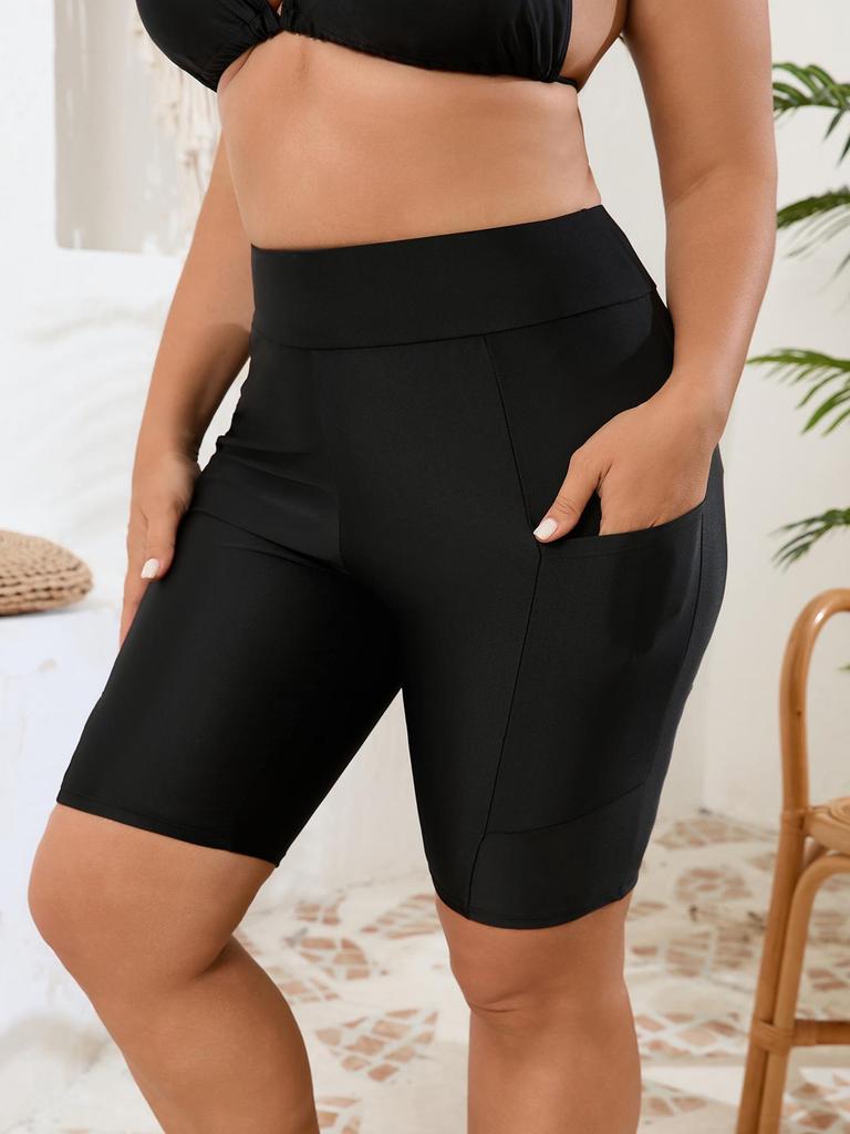 2026 High-Waist Badeshorts in Übergröße, Schwarz, mit Taschen - Europäischer & Amerikanischer Stil