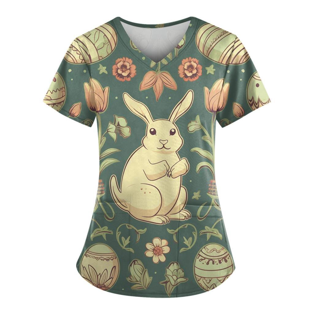 Magliette uniformi da lavoro stampate taglie forti per magliette divertenti a maniche corte con scollo a V da donna T-shirt da lavoro con tasche