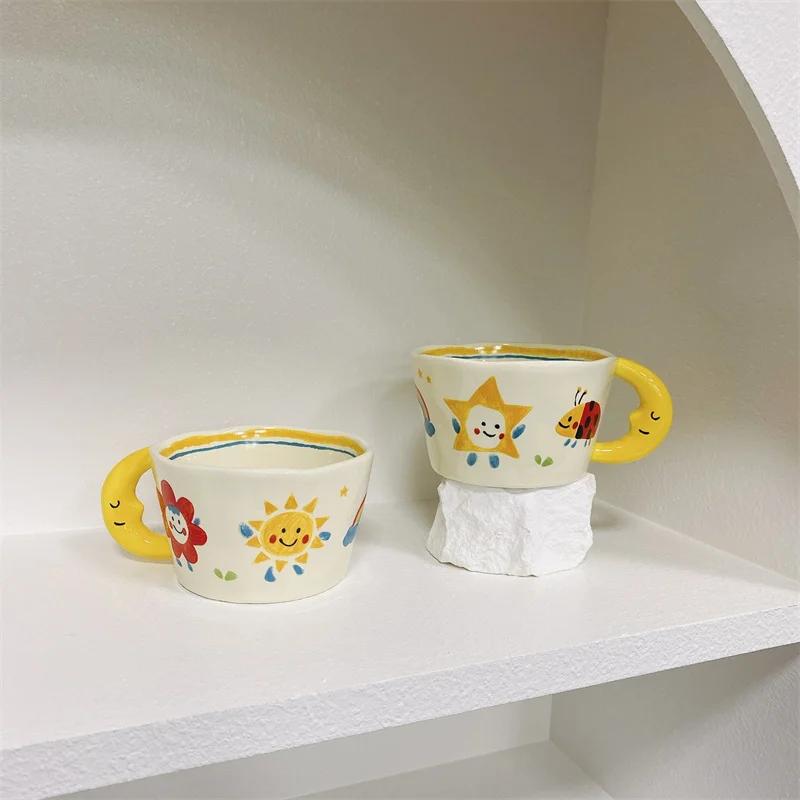 300ml Cute Cartoon Ladybug Dog Pattern Coffee Cup Creative moon handle Ceramic Mug Breakfast Milk Cups For Kids Birthday Gift