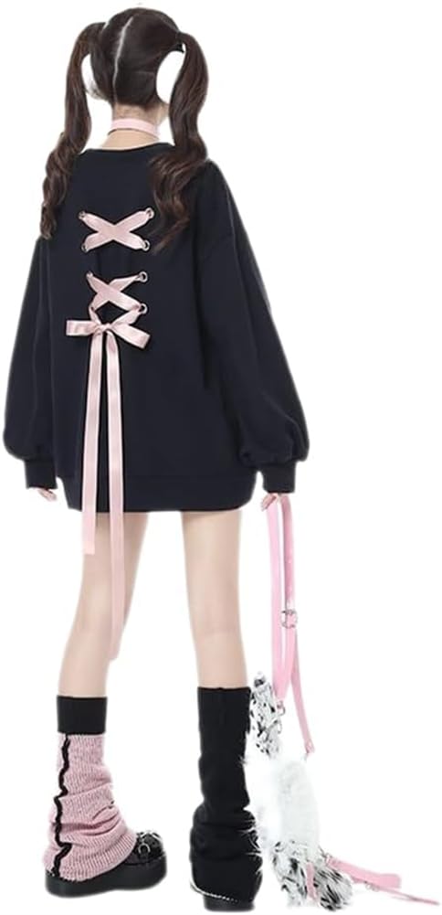 Long Sleeve Loose Fit Plus Pullover Sickly Perfect for Everyday [KTNCFD] Women's Hoodie, Mass-Produced Style, Sizes, Top, Subculture, Cute, Ribbon,