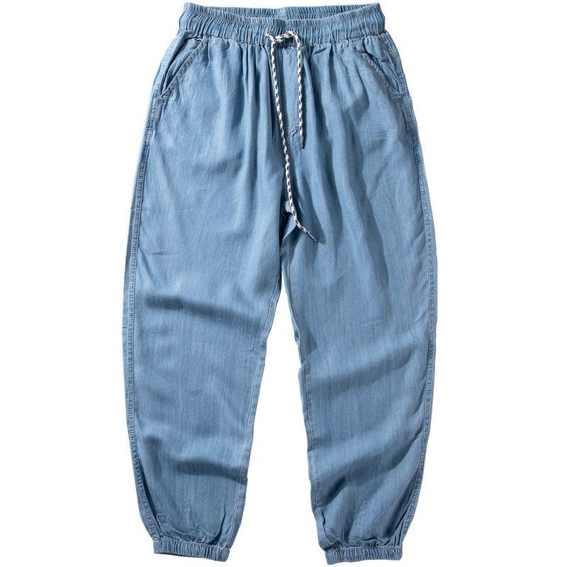 Ankle Banded Pants Men's Trendy Summer Light and Smooth Draping Casual Pants Loose Casual Elastic Waist Lyocell Jeans