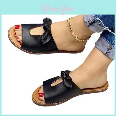 Womens Summer Flat Sandals With Bow Hollow Out For Casual Daily Wear