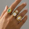 Bohemia Retro Gold Color Stainless Steel Artificial Pearl Shell Cameo Green Opal Stone Open Adjustable Rings for Women Jewelry