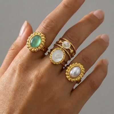 Bohemia Retro Gold Color Stainless Steel Artificial Pearl Shell Cameo Green Opal Stone Open Adjustable Rings for Women Jewelry