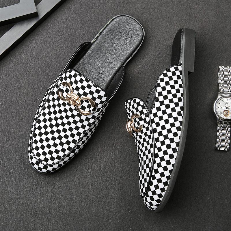 New Men Metal Buckle Half Slippers Loafers Male Casual Patent Leather Mules Moccasins Breathable Slip On Driving Shoes