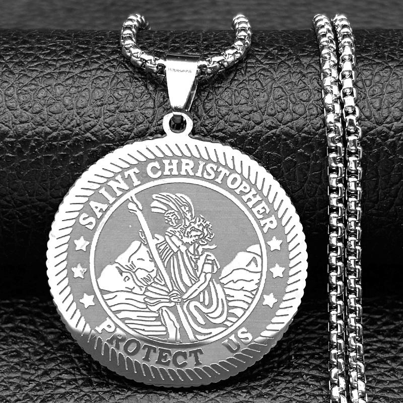 St. Christopher PROTECT US Jesus Pendant Necklace for Women Men Stainless Steel Gold Color Christian Saint Medal Chain Jewelry