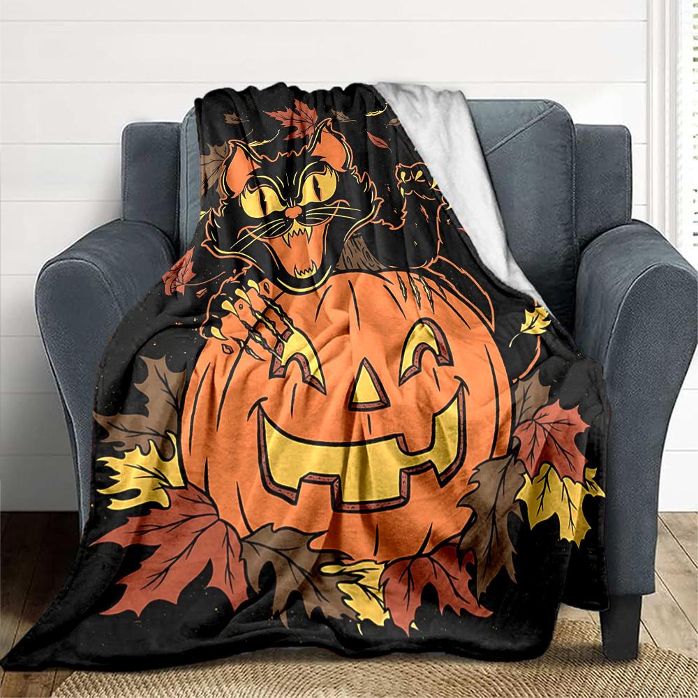 1pc Pumpkin Cat Blanket, Lightweight Flannel Throw Blanket for Sofa, Bed, Travel, Camping, Living Room, Office, Couch017