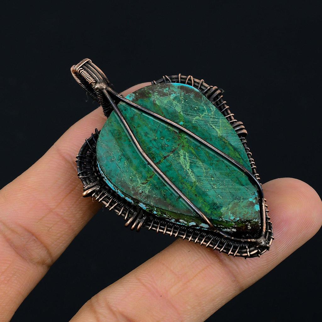 Wisiorek z turkusu tybetańskiego, biżuteria z kamieni szlachetnych owinięta drutem miedzianym próby 999, ręcznie robiony wisiorek, na Święto Dziękczynienia