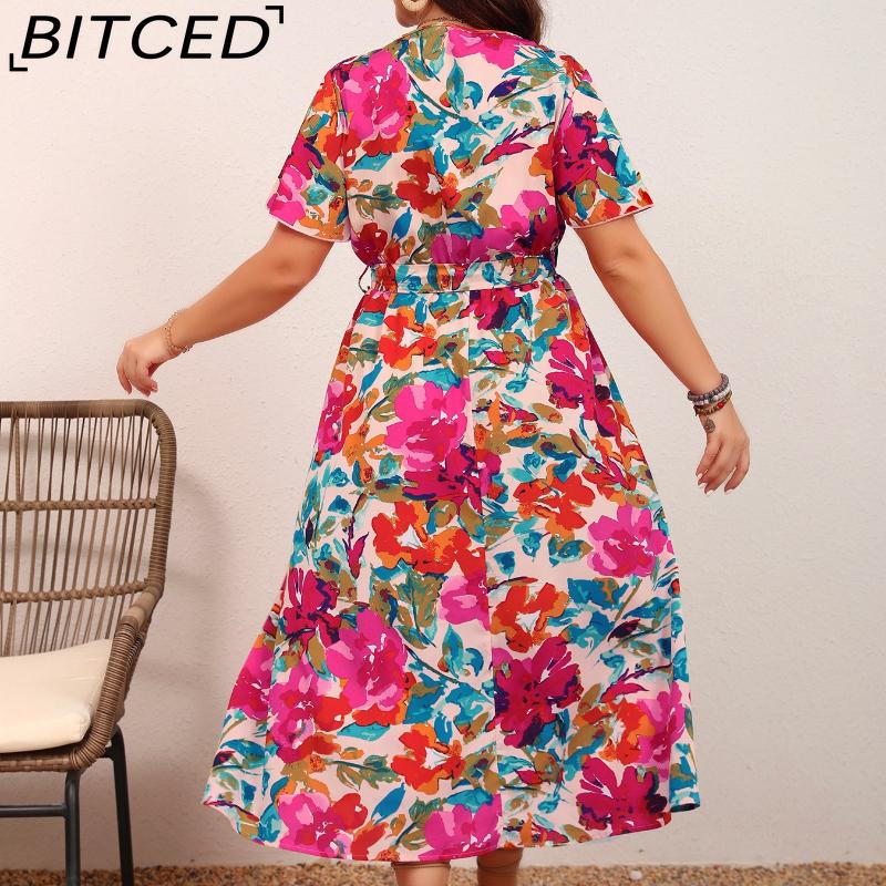 BITCED Plus Size Women's Elegant V-Neck Waist-Defining Slimming Tie-Waist A-Line Floral Print Dress