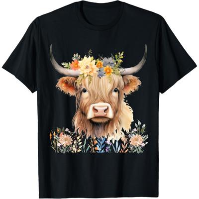 Cute Baby Highland Cow With Flowers Calf Animal Cow Women T-Shirt
