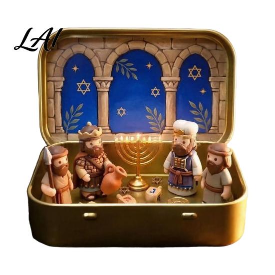 Religious Theme Table Decor Miniature Hanukkah Menorah Diorama Tin Box Pocket Scene Set with Figurines And Nativity Scenes Menorah Mini in A Box for