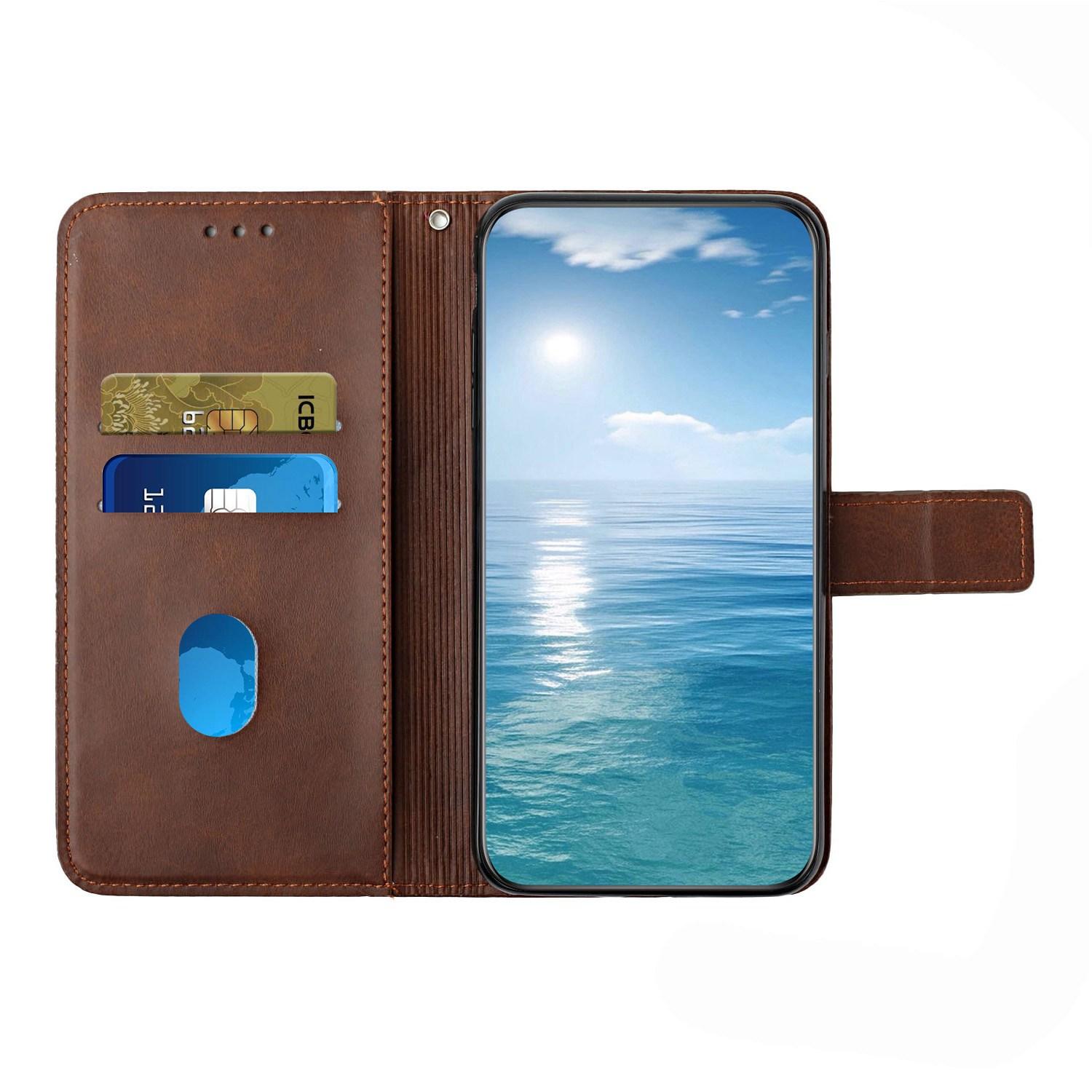 

For Xiaomi Redmi A1 4G/A2 4G Line Imprinting Protective Phone Case Solid Color Magnetic Clasp Wallet Stand Anti-scratch Cell Phone Cover with Strap Brown