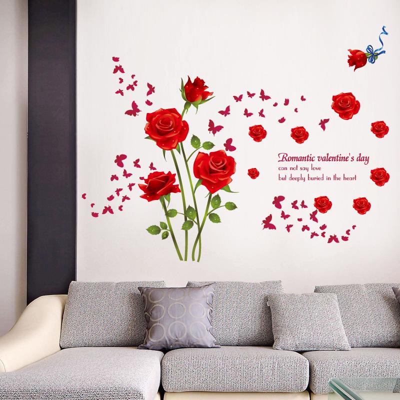 Romantic Red Rose Wall Decal Self-Adhesive Removable Flower Sticker for Living Room Bedroom Bathroom Hallway TV Background Home Decor