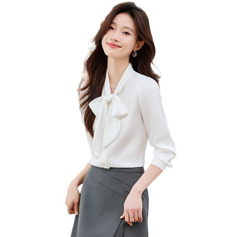 Women's Chiffon Bow Tie Blouse - Long Sleeve Satin Shirt for Spring/Autumn