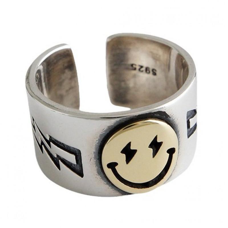 Adjustable Open Face Ring With Smiley Design Plated Copper Unisex Retro Style Statement Jewelry Finger