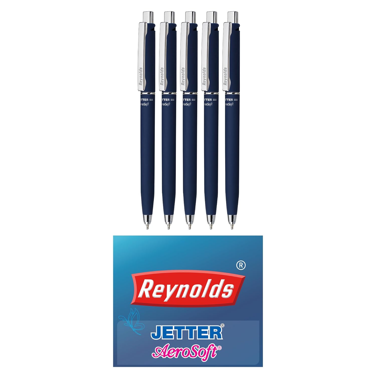 Reynolds Jetter Aerosoft Ball Pen Set Of 1 ( 5 PENS Blue )Ink 0.7 mm Tip Smooth Writing Pens For Office School Home Use