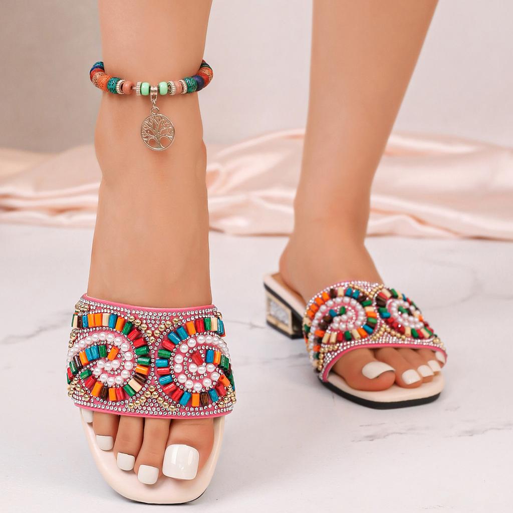 Summer Women Beaded Slide Sandals Open Toe Square Toe Low Block Heel Casual Slip On Shoes with Decorative Beads