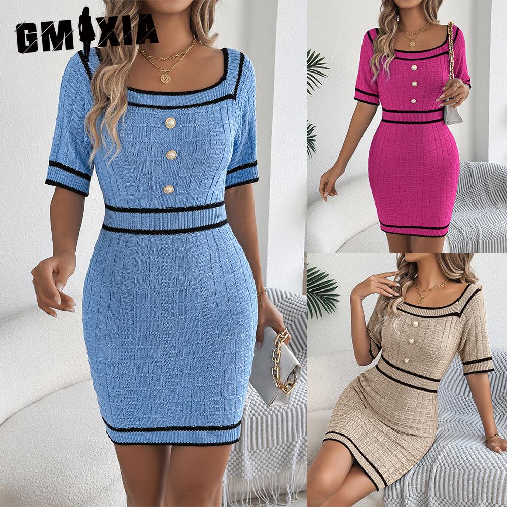 GMXIA Spring Summer Elegant Square-neck Button Short-sleeved Knitted Hip-hugging Dress for Women
